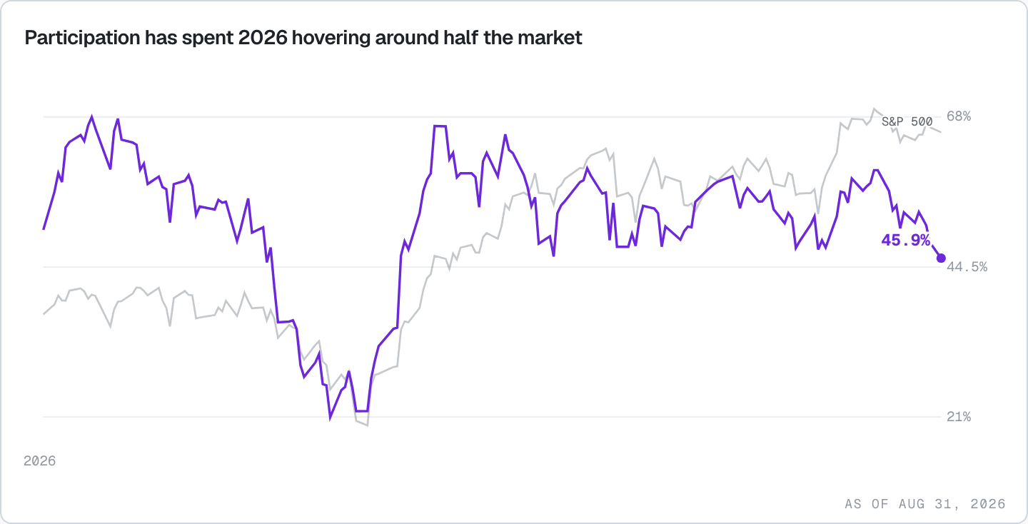 Share of US stocks above their 50-day average through August 2026, shown with the rising S&P 500 behind it.
