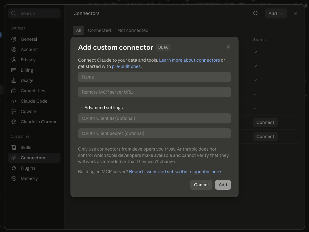 Claude settings: Connectors → Add custom connector dialog with Name and Remote MCP server URL fields