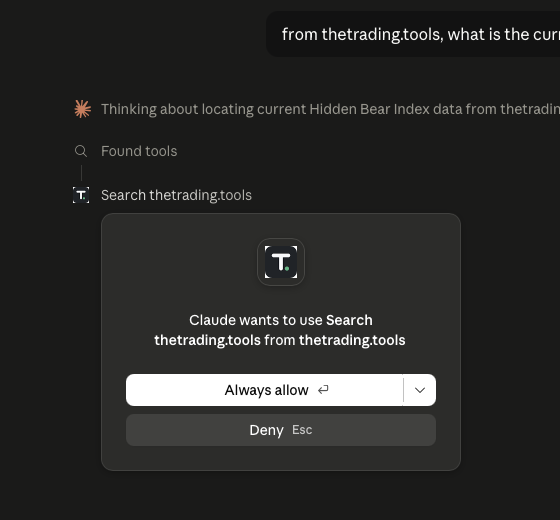 Claude permission dialog: Claude wants to use Search thetrading.tools — Always allow